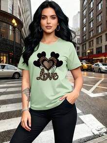 A Combination Of Wildness And Tenderness, This Black Heart-Shaped Balloon Pattern Print With Leopard Print Is Fashionable And Stylish. This Simple, Casual, Round-Neck, Short-Sleeved Women's T-Shirt Is Suitable For Activities Such As Leisure, Tourism, And Vacations. 13419 - Daily Wear, Easy To Wash And Maintain - 抹茶綠 - 查看 2