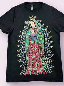 Virgin Of Guadalupe Glow In The Dark [Cool Design] | Lightweight T-Shirt For All Seasons, Casual, For Sports Enthusiasts | Fun Design | Ideal For Gym And Outdoor Activities | Vintage Style, Crew Neck, Slightly Stretchy Fabric, Regular Fit. - 黑色 - 查看 1