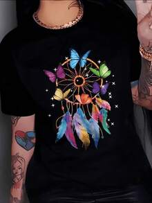 Dreamcatcher Surrounded By Multicolored Butterflies That Symbolize Freedom, Hope And Connection With Nature By Radiating Positive Energy And Harmony. Women's Casual Modern Comfortable T-Shirt For Everyday Wear - Hitam - View 1