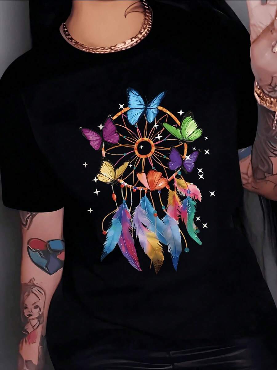 Dreamcatcher Surrounded By Multicolored Butterflies That Symbolize Freedom, Hope And Connection With Nature By Radiating Positive Energy And Harmony. Women's Casual Modern Comfortable T-Shirt For Everyday Wear - Hitam - View 1