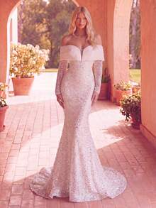 Elegantes Off-Shoulder langes Hochzeitskleid, verziert mit paillettenbesetzten langen Ärmeln, romantisches perlenbesticktes Abendkleid - Weiss - Übersicht 4