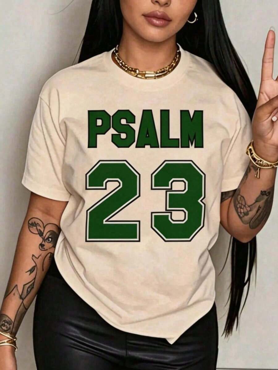Women's Christian Faith T-Shirt With Psalm 23 Bible Verse - Soft And Breathable, 100% Casual, Crew Neck, Short Sleeve, Suitable For Church, Casual Wear And Personal Expression - Machine Washable, White And Green Lettering - Ideal Gift For Believers - Artistic Geometric Design, Loose Fit For Spring And Summer, Fashionable And Comfortable For Everyday Wear - 杏色 - 查看 1