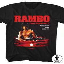 Camiseta para hombre Rambo First Blood Part II con lanzador de cohetes y gráfico de atardecer - Dise?o retro de película de los 80, camiseta suave y transpirable de cuello redondo, camisa casual de co - Negro - Ver 2