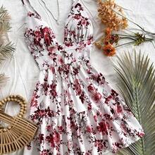 Vacation Spaghetti Strap V-Neck Hollow-Out Backless Floral Print Dress,Summer Dresses For Women - Burdeos - Ver 2