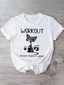 100% Cotton Women's Oversized Short Sleeve Workout T-Shirt With Funny Cat And Weight Graphic Print, "Train Because  Is" Slogan, Soft Crew Neck, Machine Washable, Comfortable For All Seasons For Gym And Casual Wear, Gym Tees, Lightweight Clothing, Fun Design, Front Knot Tee - 白色 - 查看 6