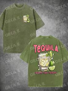 Men's & Women's High-Quality Pure Cotton Short-Sleeved T-Shirt With A Vintage Effect, Soft And Comfortable, With A Loose And Fashionable Fit, Featuring A Design That Includes A Glass Of Tequila And Lime Elements, Along With The Fun Text "TEQUILA CHEAPER THAN Relax", Suitable For Daily Commutes, Outings, Holiday Gifts, Parties And Celebrations. - 水洗棉軍綠色 - 查看 1