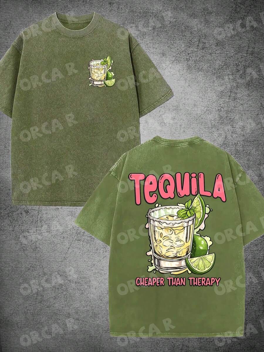 Men's & Women's High-Quality Pure Cotton Short-Sleeved T-Shirt With A Vintage Effect, Soft And Comfortable, With A Loose And Fashionable Fit, Featuring A Design That Includes A Glass Of Tequila And Lime Elements, Along With The Fun Text "TEQUILA CHEAPER THAN Relax", Suitable For Daily Commutes, Outings, Holiday Gifts, Parties And Celebrations. - 水洗棉軍綠色 - 查看 1