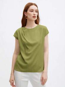 Blusa nueva de primavera/verano con diseño de hombros plisados de cuello redondo en azul, camisa elegante y única para salidas, oficina, ocasiones formales, moda básica profesional casual de alta gama, invitada de boda, fiesta, estilo del milenio, - Verde - Ver 5