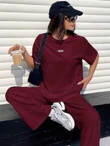 Conjunto informal de camiseta holgada y pantalones con textura mostaza para mujer - Rosa Roja - Ver 6