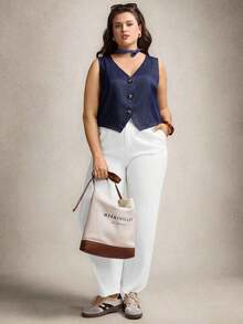 Blusa casual de mujer talla grande de cuello en V de una sola hilera con rayas y sin mangas - Azul marino - Ver 4