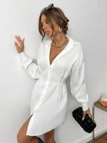 Vestido camisero fruncido de hombros caídos - Blanco - Ver 4