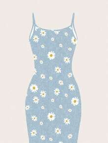 Vestido ajustado con estampado completo de margaritas blancas sobre textura mecánica azul con estilo minimalista casual, adecuado para vacaciones de verano - Multicolor - Ver 4