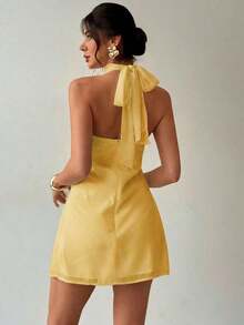 Elegante y delicado vestido camisero con decoración metálica y espalda descubierta, ropa de verano, ropa de playa, ropa de resort, ropa de resort bohemia y tropical, atuendo para conciertos, fiestas rave, festivales de música country, elegante atuendo para citas nocturnas, vestido de verano para mujer, vestido para té de la tarde, vestido blanco de graduación, atuendo de celebración para festivales de música, vestido con espalda descubierta - Amarillo - Ver 7