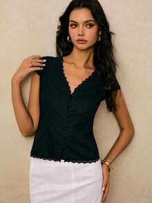 Blusa de mujer de unicolor con diseño de botones y encaje en contraste - Negro - Ver 7