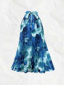 Vestido plisado con hombros abiertos y estampado para vacaciones, conjunto de ropa de playa para vacaciones - Azul 2 - Ver 2