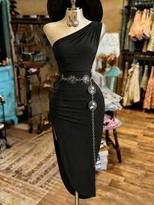 Vestido de fiesta de longitud media con diseño de abertura y cintura ceñida de unicolor elegante para mujer - Negro - Ver 6