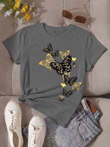 Luxury Women's T-Shirt, Round Neck, Short Sleeve, White, With Black And Gold Butterfly Print, Casual Polyester Top C6DE - 深灰色 - 查看 12