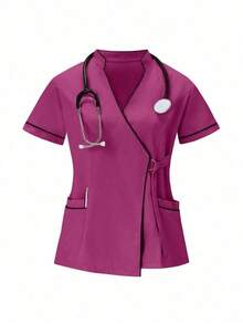 Conjunto de uniformes médicos: Parte superior de cuello en V de manga corta y pantalones para trabajadores de la salud - Rosa Fucsia - Ver 5