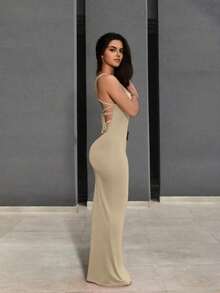 Vestido largo de uso diario con tiras cruzadas sencillas y liso para mujer - Albaricoque - Ver 6