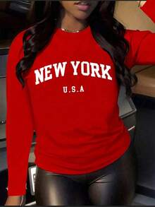 Camiseta casual de manga larga con cuello redondo y estampado de letras negras para mujer, blusas gráficas para mujer en primavera - Rojo - Ver 5