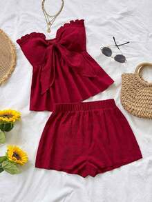 Set de 2 piezas para mujer con parte superior corta sin mangas con volantes y estampado de rayas y flores, y shorts casuales para verano, vacaciones en la playa y fiestas - Rojo 2 - Ver 7