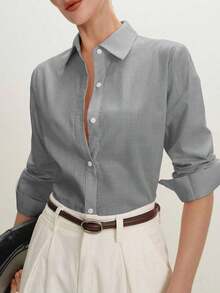 2026 Nueva Camisa Básica Versátil y Elegante para Mujer con Botones Delanteros y Cuello Mao en Color Azul Claro, Adecuada para Ir al Trabajo, Uso Diario, Estilo Retro de los 90, Navidad, Año Nuevo, Fiesta de San Valentín, Playa, Graduación, Moda, - Gris - Ver 2
