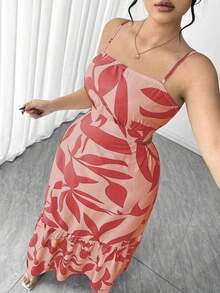 Vestido elegante de mujer talla grande con tirantes finos, cintura fruncida y diseño evasé, con estampado de hojas de dos colores, diseño evasé estilizador, elegante y sofisticado, adecuado para volver al colegio, graduación, San Valentín, festiva - Rosa Roja - Ver 3
