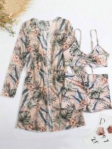 Conjunto de bikini con estampado tropical de tres piezas sujetador de empuje y bottom de bikini tipo hipster y kimono para mujer estilo vacaciones de verano en la playa - Rosa coral - Ver 6