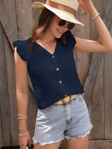 Clasi Blusa de manga abullonada de unicolor casual para vacaciones de verano - Azul marino - Ver 6