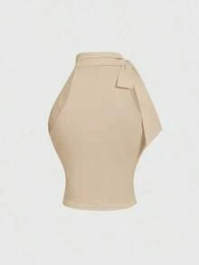 Blusa con cuello alto, lazo y recogido, casual y de moda para uso diario, perfecta para vacaciones, citas, picnics, fiestas, bailes de graduación, festivales y cumpleaños; uso diario, salir, té, club, primavera/verano, invitada de boda - Caqui - Ver 2