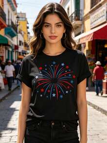 Limited Time Offer, Limited Quantities, Flash ! Women's Casual Shirts, Women's Polyester T-Shirts, Elegant Shirts. Women's T-Shirt With Fireworks Print, Round Neck, Casual Short Sleeves, Lightweight And Stretchy Fabric, Suitable For All Seasons. - 黑色 - 查看 10