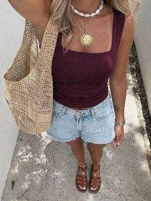 Camiseta sin mangas ajustada de unicolor con cuello cuadrado para mujer , Chaleco de unicolor minimalista y retro, Camiseta de punto sin espalda de moda de verano, Versátil y casual, Adecuado para el trabajo y el transporte - Morado - Ver 7