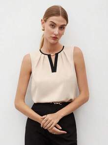 Camiseta sin mangas con detalle de pliegues y ribete de contraste para mujer, blusa formal elegante para el transporte urbano, uso casual de negocios - Caqui - Ver 9