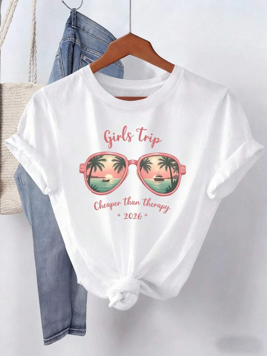 Camiseta de Mujer "Trip 2026 Beach Vibes"| Conjunto de Verano con Gafas de Moda y Estampado de Playa, Top Casual de Manga Corta con Cuello Redondo, Ropa de Primavera, Verano y Otoño para Escapadas con Amigas, Regalos de Navidad y Año Nuevo - Blanco - Ver 1