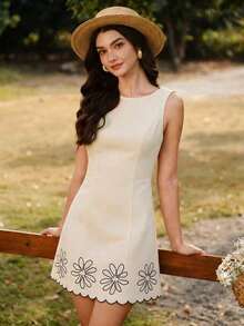 Vestido mini sin mangas de jacquard elegante y vintage, vestido de invitada de boda verde para mujeres, vestidos de verano para mujeres, atuendos de vacaciones, vestidos de graduación, atuendos de festival para mujeres, vestidos de cumpleaños para mujeres, atuendos casuales de negocios para mujeres, atuendos de maestra para mujeres - Beis - Ver 3