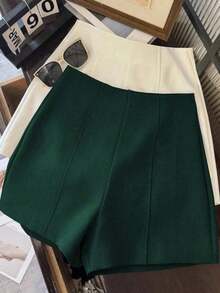 Shorts de mujer de cintura alta de color gris oscuro minimalista y de moda, con cierre de cremallera en la espalda, adecuados para el uso diario, citas y ocasiones románticas - Verde Oscuro - Ver 3