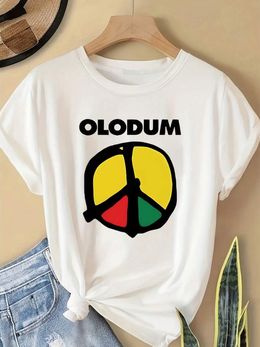 OLODUM Women's T-Shirt With Peace Sign Logo 002 | Plus Size 1 Piece - Casual Short Sleeve Crew Neck Top With OLODUM Lettering And Symbol, Machine Washable, Regular Fit For Everyday Wear, Birthday And Holiday Gift (Vibrant Color) - 白色 - 查看 1