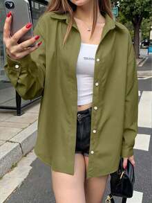 Camisa casual de manga larga, de un solo pecho, de unicolor y holgada para mujer - Verde militar - Ver 4
