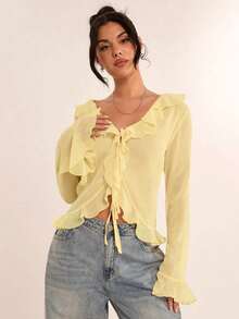 Blusa elegante de mujer con mangas de volantes de gasa, adecuada para vacaciones, fiestas, citas, salidas con amigos, vacaciones y uso diario elegante, Día de San Valentín, San Valentín para mujeres - Amarillo - Ver 5
