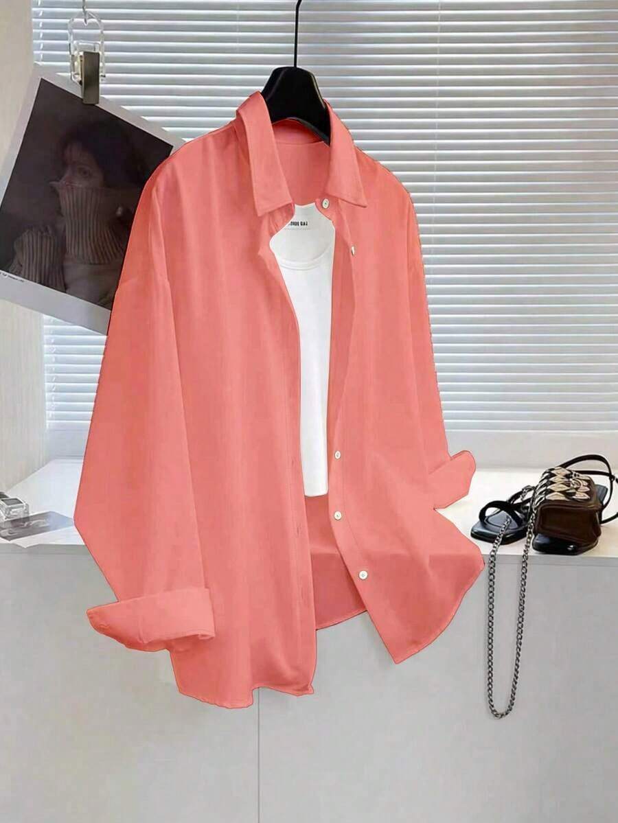 Camisa casual de manga larga, de un solo pecho, de unicolor y holgada para mujer - Naranja Coral - Ver 1