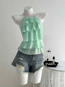 Blusa casual de mujer con cuello de volantes en capas de unicolor - verde menta - Ver 3