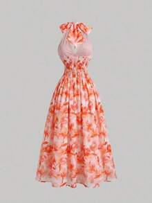 Vestido de mujer de moda con estampado total, cuello halter y lazo en la cintura, de largo medio - Naranja - Ver 5