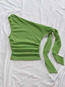 Blusa ajustada de cuello asimétrico con volantes y lazada, en color amarillo pálido, apta para fiesta, vacaciones, festival de música, estilo bohemio, citas y té de la tarde - Verde 2 - Ver 5
