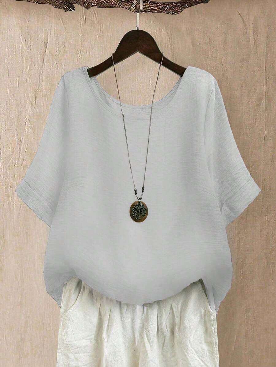 Top holgada de cuello redondo para mujer de talla grande en color verde salvia texturizado, para uso casual/diario/al aire libre/minimalista/vacaciones que estiliza, para primavera/verano - Gris Claro - Ver 1