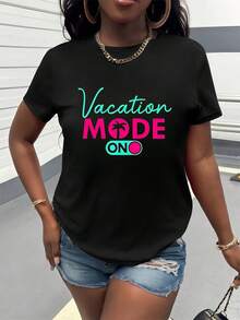 Vacation Mode Activated. Printed T-Shirt, Short Sleeves, Round Neck, Women's Clothing With A Unique Design. A Must-Have For Summer Beach Leisure, Perfect For Everyday Wear, Outings, Travel, Parties, And A Great Gift Option. - 黑色 - 查看 6