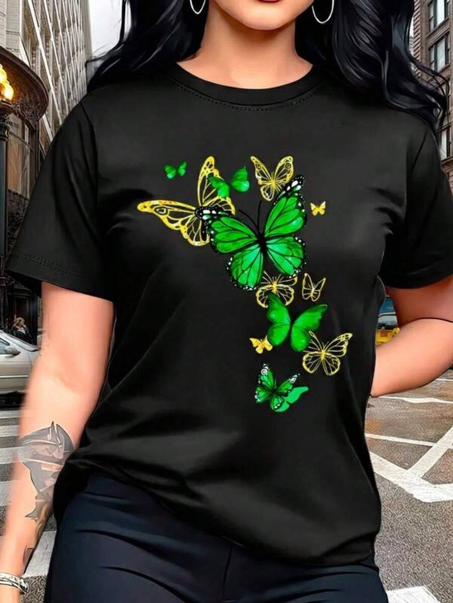 New 2026 Playera con diseño de mariposas color verde, diseño estampado, moderno, colorido, cuello redondo, manga corta, ideal uso diario, playera holgada, a la moda, ideal para tí. - Negro - Ver 1