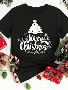 New 2026 Camiseta de Mujer con Estampado de Árbol de Navidad y Feliz Navidad - Top Casual de Manga Corta y Cuello Redondo con Diseño de Árbol Rojo y Dorado, Letras y Bayas de Acebo, Lavable a Máquina para Primavera, Verano y Otoño, Camisetas de Navidad, Moda de Temporada, Diseño Festivo - Negro - Ver 6