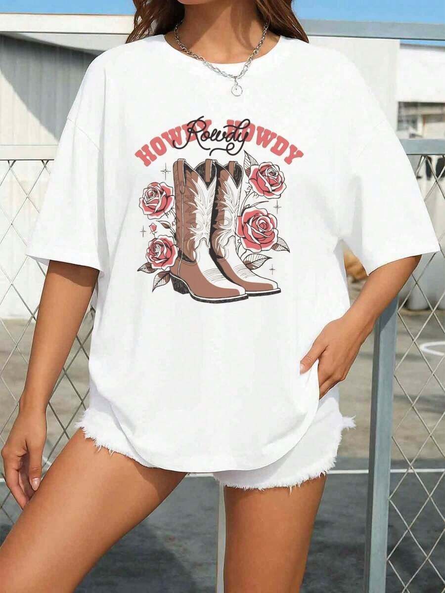Women's Western Cowgirl Graphic Tee - White, Short Sleeve, Crew Neck, Casual Style With Cowboy Boots And Floral Print, Howdy Western Design, Soft And Breathable For Daily Wear, Office, Dates, Spring/Autumn Outfits - All Season Cowgirl Clothing - 白色 - 查看 1