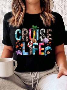 Camiseta de Mujer con Estampado Cruise Life, Moda de Verano para Mujer, Casual, Cómoda, Suave, Deportiva y para Fitness, Transpirable, de Cuello Redondo y Manga Corta para Uso Diario al Aire Libre - Camiseta Oversized de Algodón Suave para Mujer con Estampado Abstracto en Acuarela Blanco y Negro - Camiseta Oversized de Algodón Unisex con Estampado de Vintage Blanco y Negro de los 90 para Fin de Semana - Negro - Ver 2