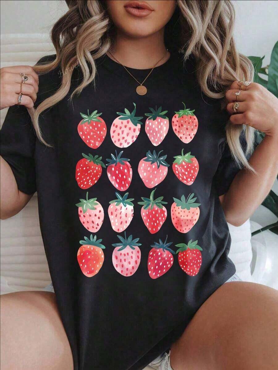 Women's Casual T-Shirt - Short Sleeve T-Shirt With Strawberry And Red And Pink Fruit Print, Round Neck, Summer Top, Machine Washable, Ladies' T-Shirts, Casual Wear, Modern Style, Comfortable Fit

-White 100% Cotton Durable - 黑色 - 查看 1
